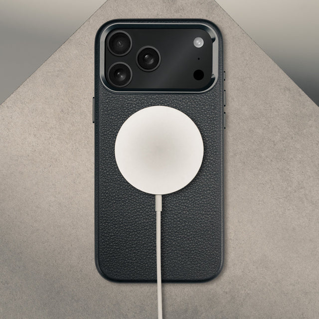 MagSafe charger attached to the Black Leather Bumper Case (with Camera Stand) for iPhone 18 / 17 Pro Max