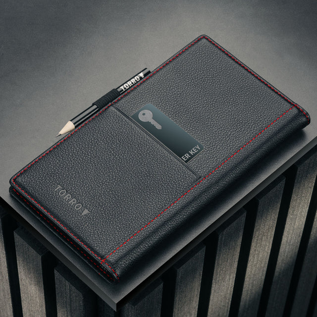 Back of the Pro edition of the Black with Red Detail Leather Golf Scorecard Holder with card storage slot