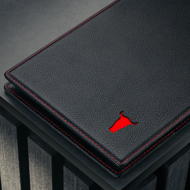 Close up of the PRO Edition of the Black with Red Detail Leather Golf Scorecard & Yardage Book Holder