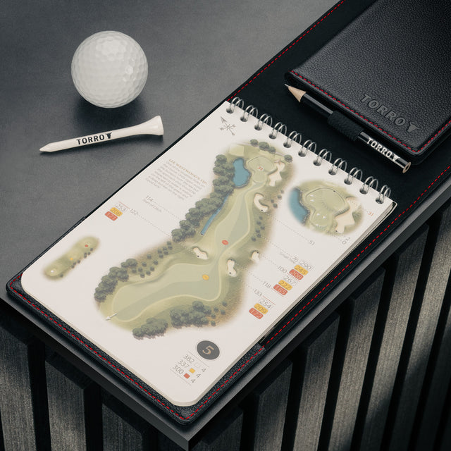 Yardage book in the PRO Edition of the Black with Red Detail Leather Golf Scorecard & Yardage Book Holder