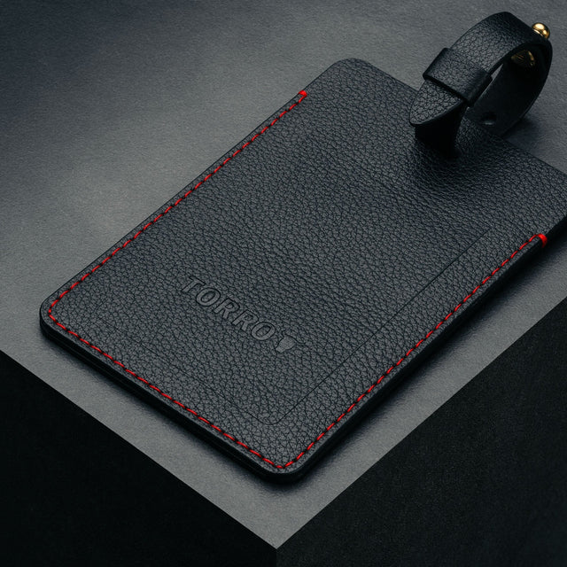 Black with Red Stitching Leather Luggage Tag