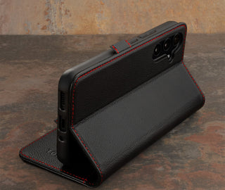 Integrated stand function of the Black with Red Detail Leather Case for Galaxy A54