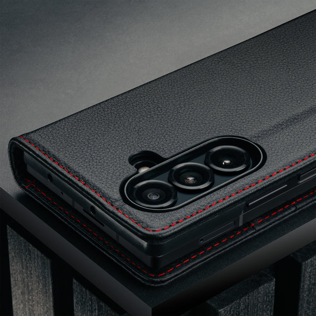 Camera cutout on the Black with Red Detail Leather Case for Samsung Galaxy Z Fold7