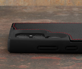 Camera cutout on the Black with Red Details Leather Bumper Case for Galaxy S23 Ultra