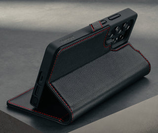 Stand function of the Black with Red Detail Leather Case for Galaxy S25 Ultra