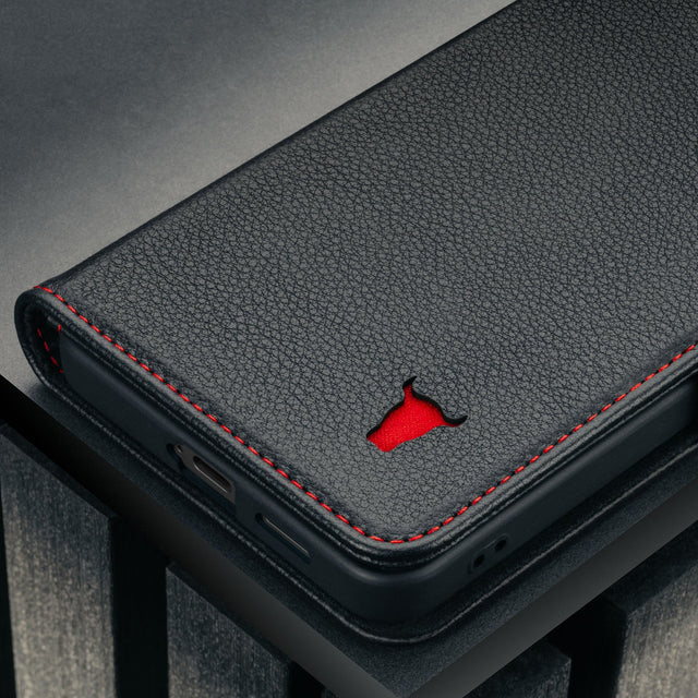 Black with Red Detail Leather Stand Case for Galaxy S26