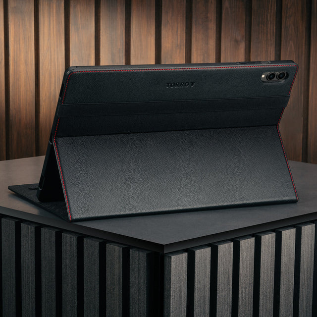 Stand function of the Black with Red Detail Leather Case for Galaxy Tab S11 Ultra