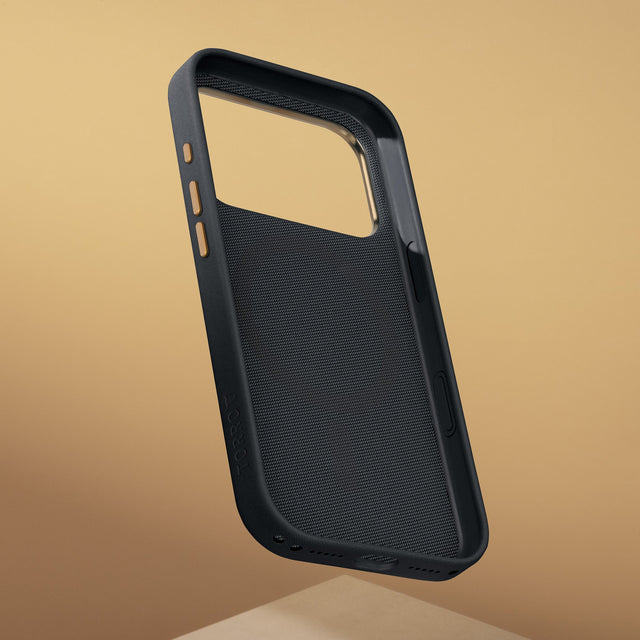 Metallic buttons and inside of the Black with Gold Detail Woven Texture Bumper Case for iPhone 17 Pro