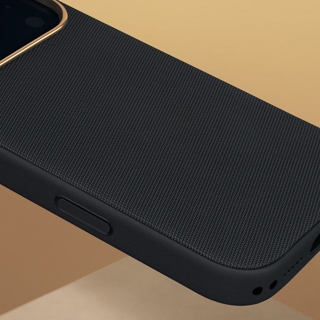 Close up of the Black with Gold Detail Woven Texture Bumper Case for iPhone 17 Pro